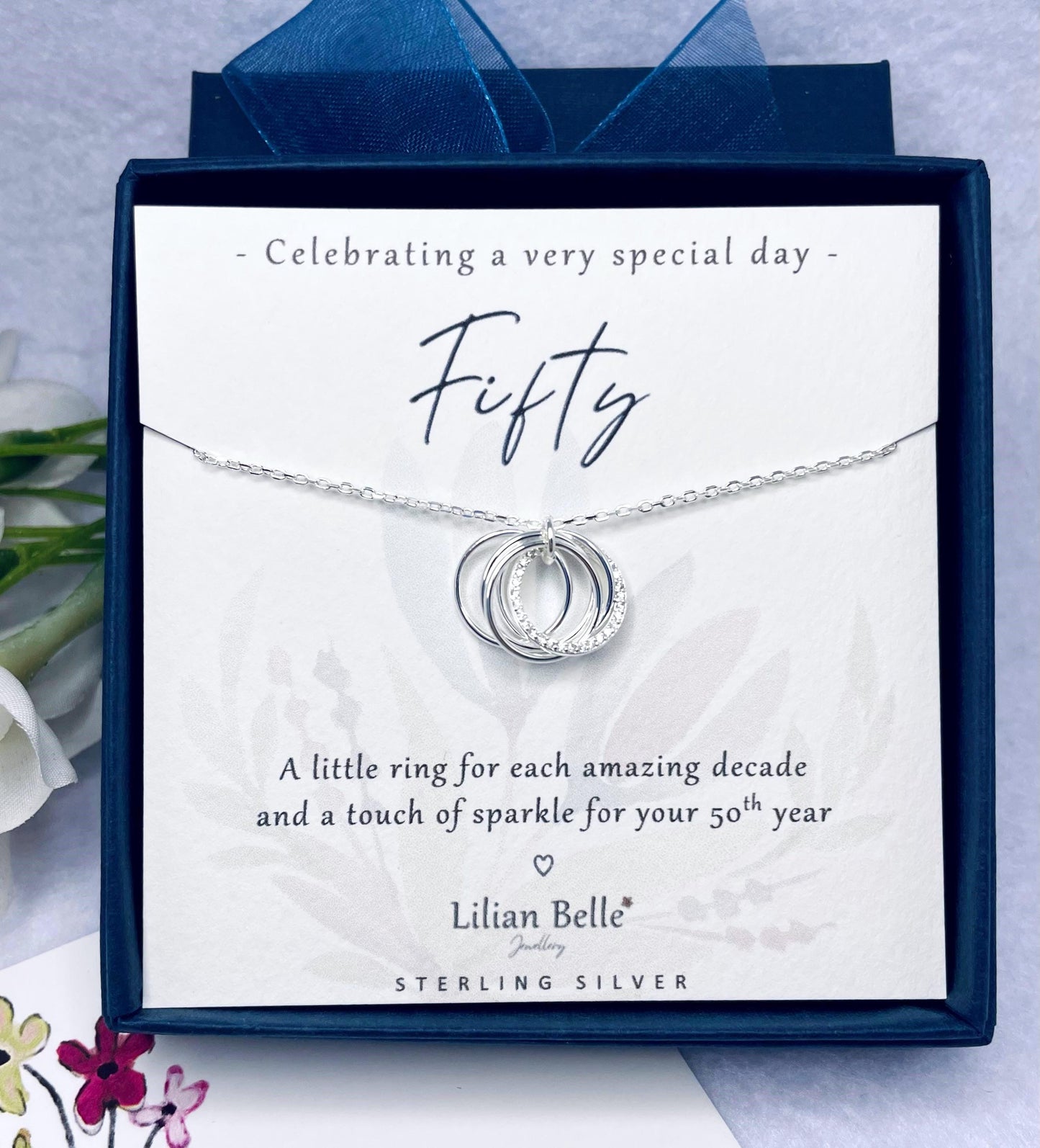 5 Rings 5 Decades Sterling Silver 50th Birthday Jewellery Necklace Gift for Women, 50th Birthday Jewelry Gifts for Her, 50th for Friend Mum