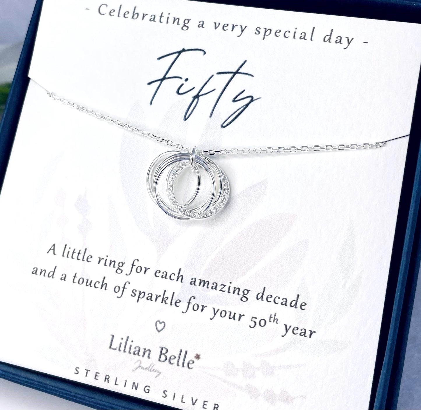5 Rings 5 Decades Sterling Silver 50th Birthday Jewellery Necklace Gift for Women, 50th Birthday Jewelry Gifts for Her, 50th for Friend Mum