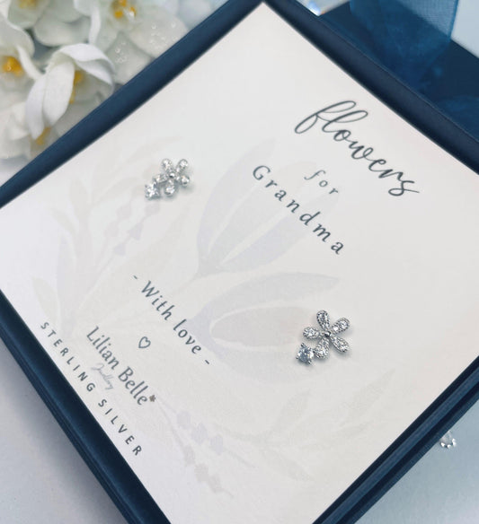 Sterling Silver Flower Earrings Meaningful Gift for Grandmother, Gifts for Gran Nan Nanny Grandma from Grandchildren Granddaughter Grandson