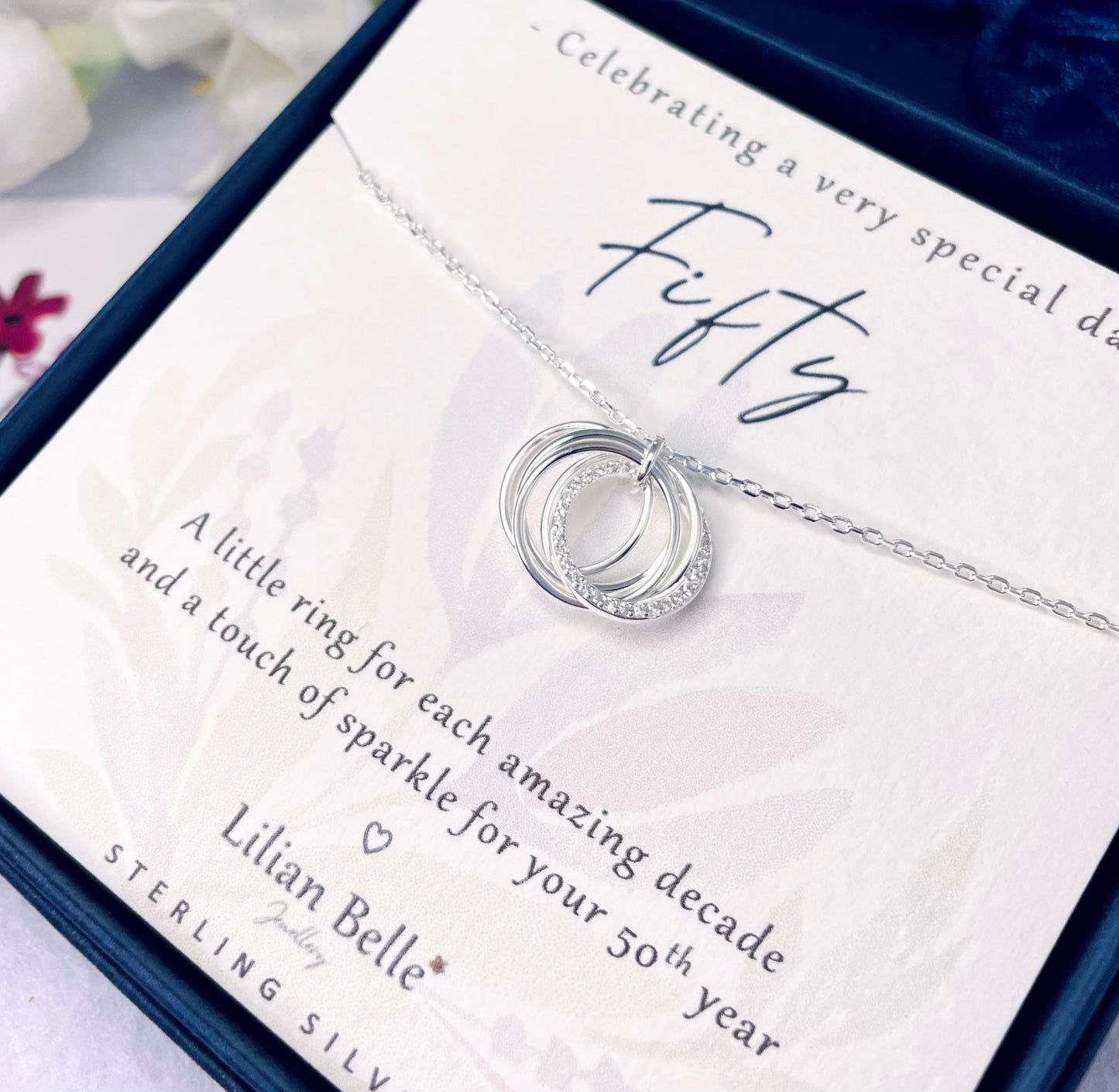 5 Rings 5 Decades Sterling Silver 50th Birthday Jewellery Necklace Gift for Women, 50th Birthday Jewelry Gifts for Her, 50th for Friend Mum
