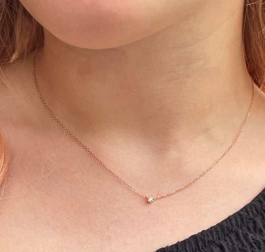 Dainty Tiny Sterling Silver CZ Solitaire Pendant Layering Rose Gold, Gold, Silver Choker Necklace, Gift for Women