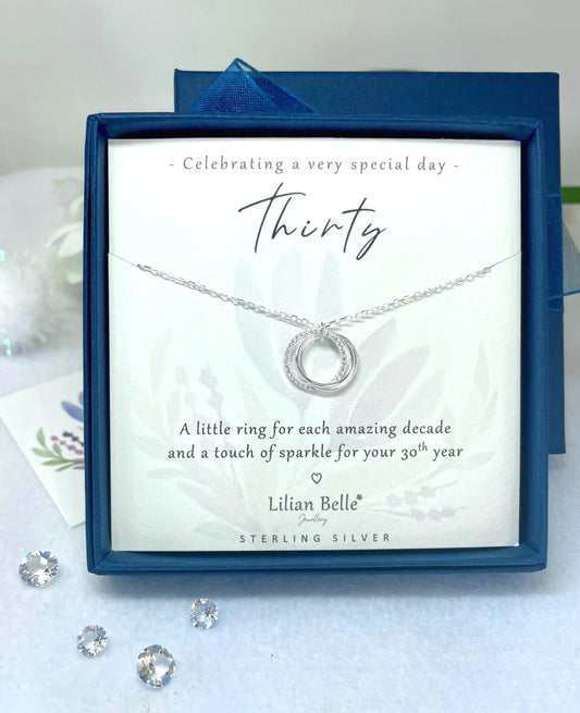 Sterling Silver 30th Birthday Gift for Her, 3 Rings for 3 Decades 30th Necklace for women, 30th birthday Jewellery, 30th Gifts for Her