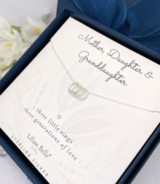 3 Rings for 3 Generations Sterling Silver Necklace, Grandmother Mother Grandson Granddaughter Grandchildren, Necklace Gift for Grandma