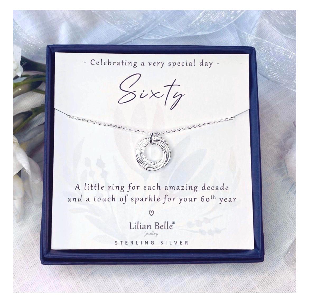 6 Rings 6 Decades Sterling Silver 60th Birthday Jewellery Necklace Gift for Women, 60th Birthday Jewelry Gifts for Her, 60th for Friend Mum