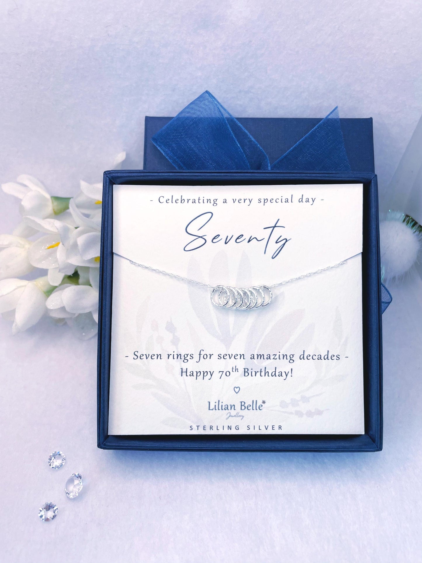 Sterling Silver 7 rings 7 decades 70th necklace gift for women, 70th birthday gift for her, 70 birthday presents, 70 year old gift woman