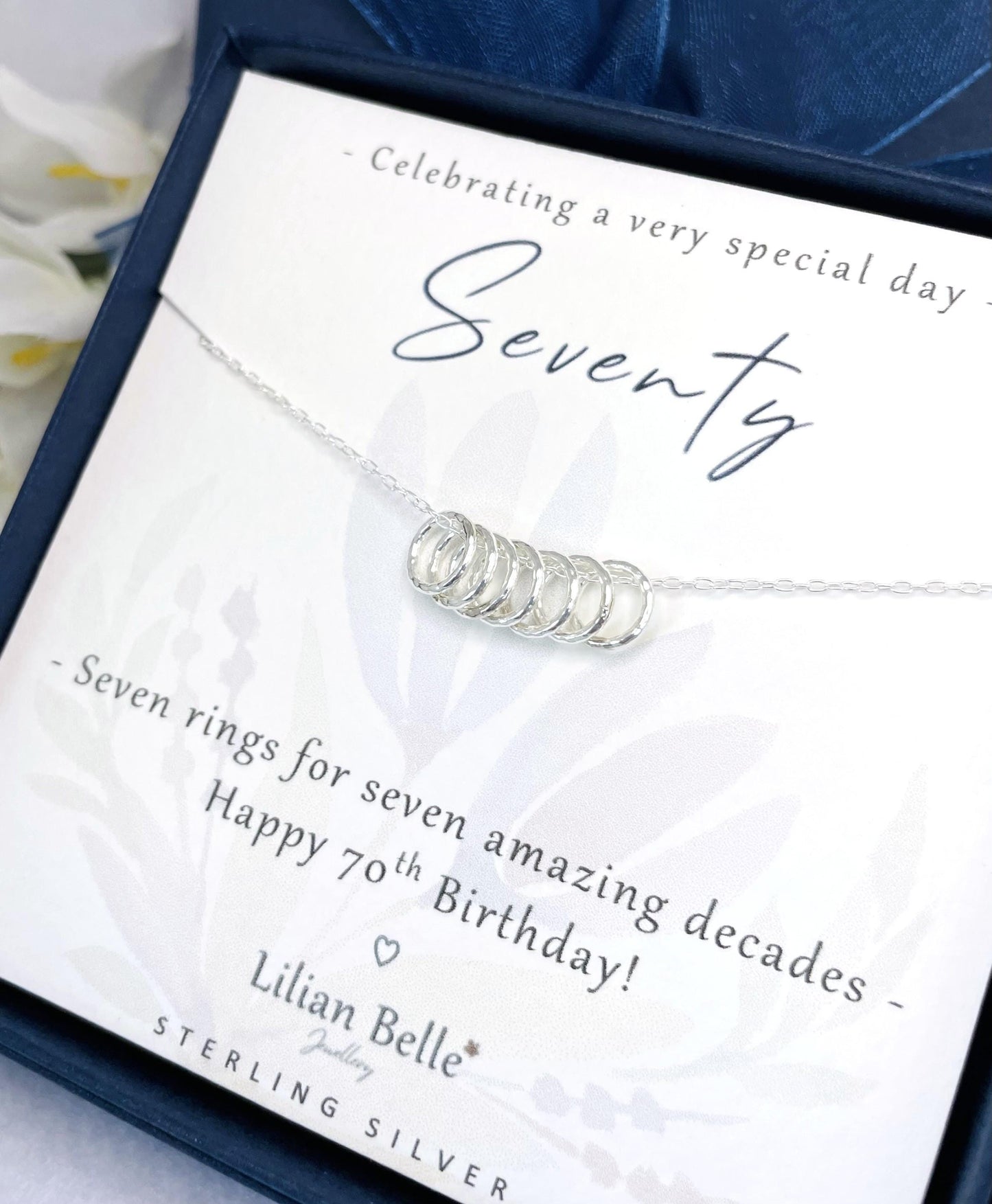 Sterling Silver 7 rings for 7 decades 70th necklace gift for women, 70th birthday gift for her, 70th birthday presents, 70th for friend