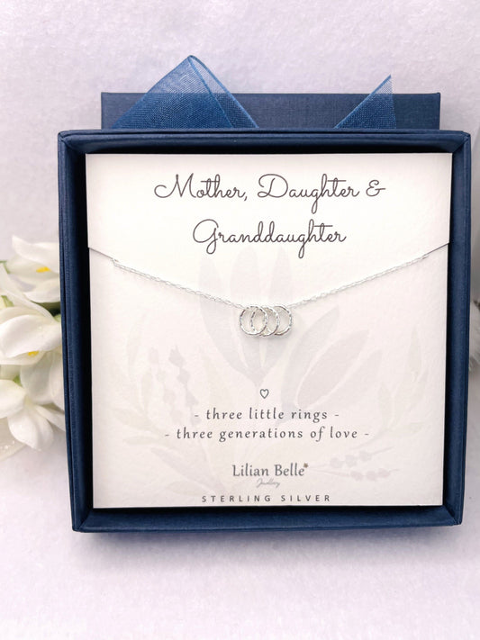 3 Rings for 3 Generations Sterling Silver Necklace, Grandmother Mother Grandson Granddaughter Grandchildren, Necklace Gift for Grandma