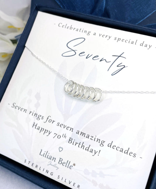 Sterling Silver 7 rings 7 decades 70th necklace jewellery gift for women, 70th birthday gift for her, 70th birthday presents, 70 gifts