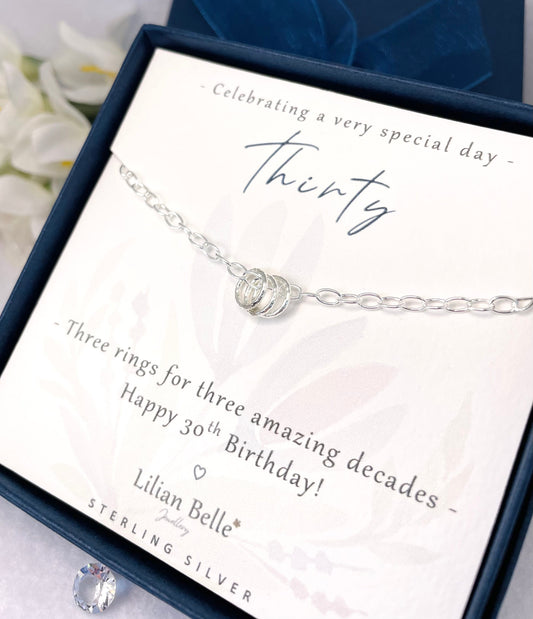 Sterling Silver rings for decades bracelet gift, 30th 40th 50th 60th 70th 80th birthday gift for her, gifts for women, for friend, for mum