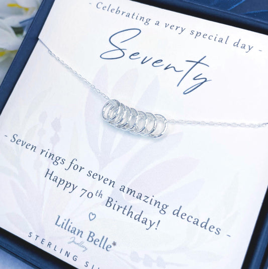 Sterling Silver 7 rings 7 decades 70th necklace gift for women, 70th birthday gift for her, 70 birthday presents, 70 year old gift woman