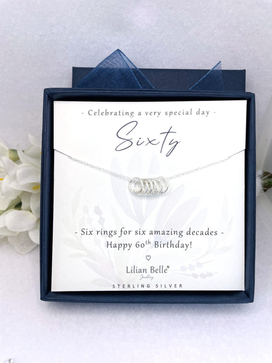 Sterling Silver 6 rings for 6 decades 60th necklace gift for women, 60th birthday gift for her, 60th birthday presents, 60th for friend