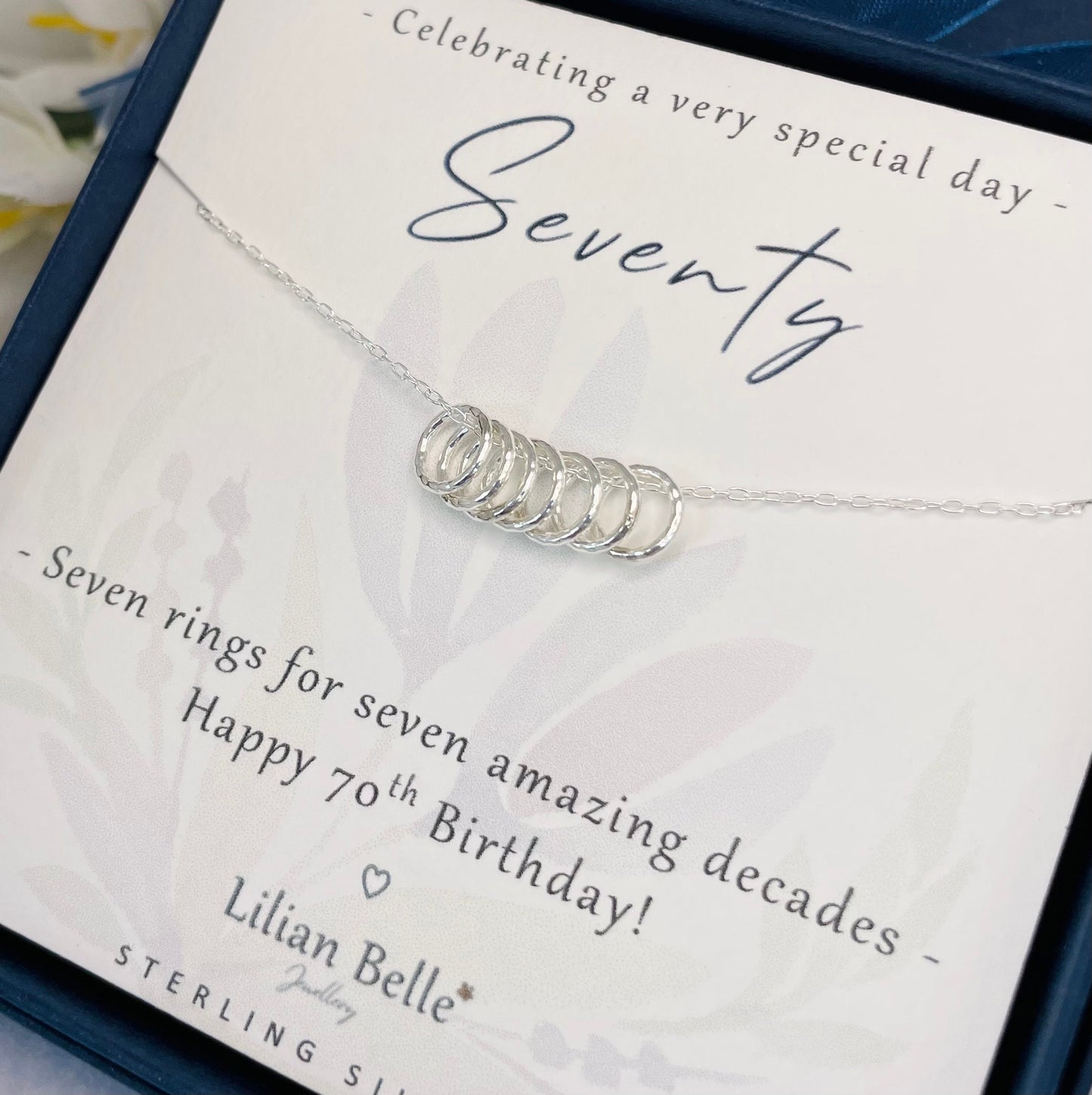Sterling Silver 7 rings for 7 decades 70th necklace gift for women, 70th birthday gift for her, 70th birthday presents, 70th for friend