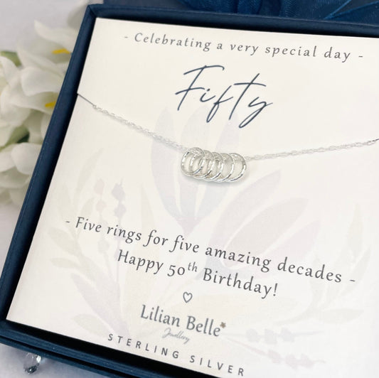 Sterling Silver 5 Ring Necklace, 50th Birthday Gift