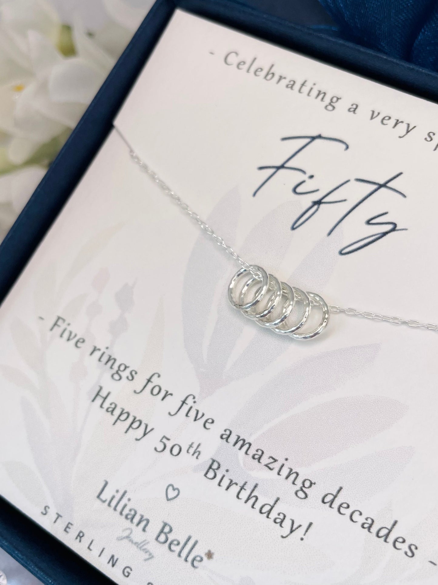 Sterling Silver 5 Ring Necklace, 50th Birthday Gift