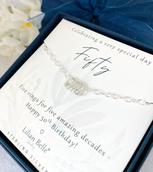 Sterling Silver Five Ring Bracelet, 50th Birthday Gift