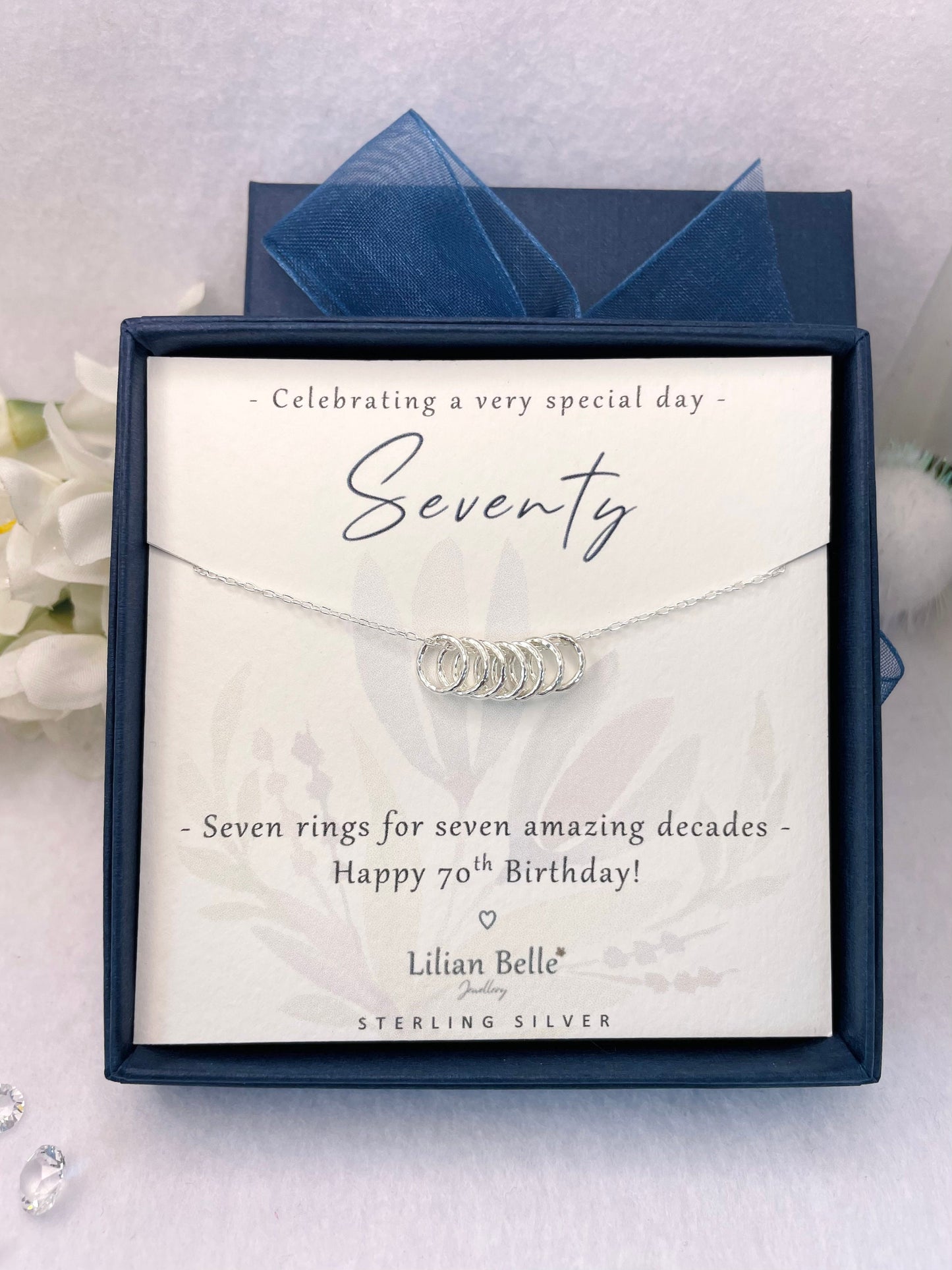 Sterling Silver 7 rings 7 decades 70th necklace jewellery gift for women, 70th birthday gift for her, 70th birthday presents, 70 gifts