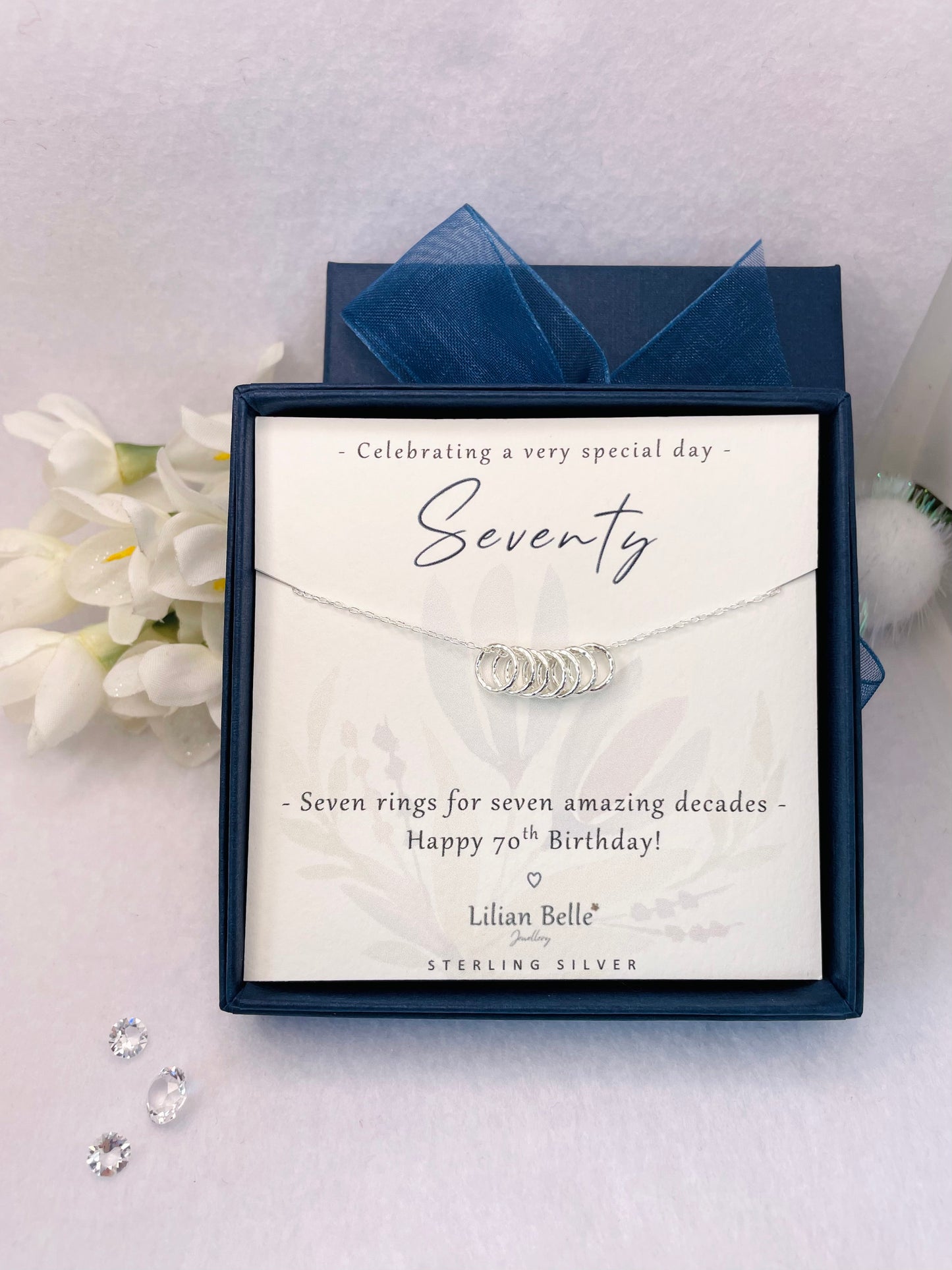 Sterling Silver 7 rings 7 decades 70th necklace jewellery gift for women, 70th birthday gift for her, 70th birthday presents, 70 gifts