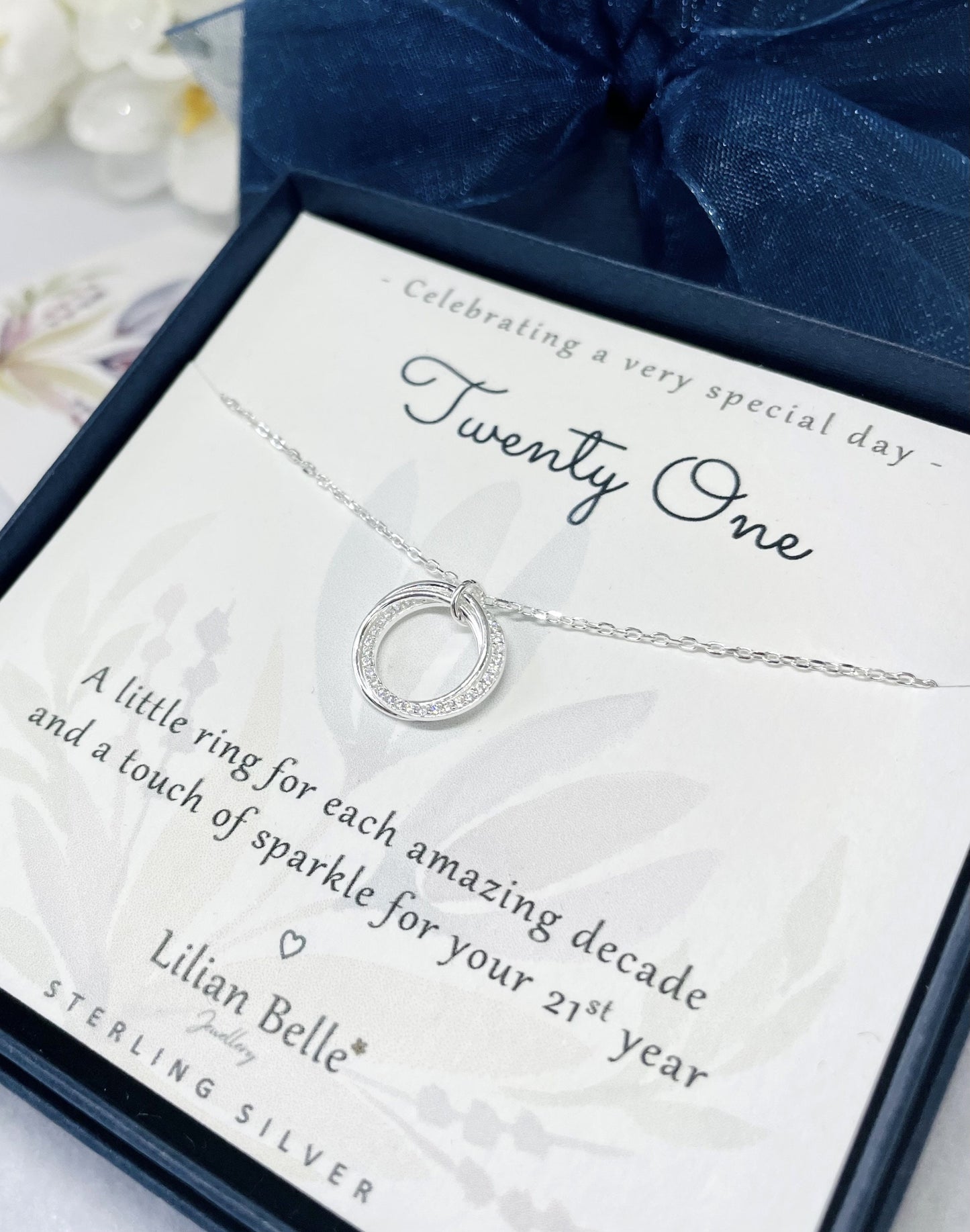 Sterling Silver 21st Birthday Necklace, Cubic Zirconia Rings