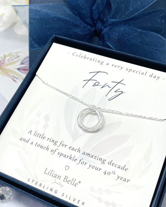 40th Birthday Sterling Silver Necklace: Cubic Zirconia Rings