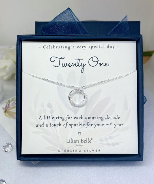 21st Birthday Sterling Silver Necklace, Interlocked Rings, Cubic Zirconia