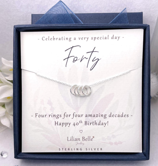 Sterling Silver 4 Rings Necklace, Etched Rings, 40th Birthday Gift