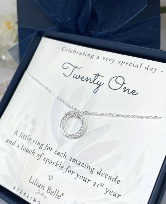 21st Birthday Sterling Silver Necklace, Interlocked Rings, Cubic Zirconia