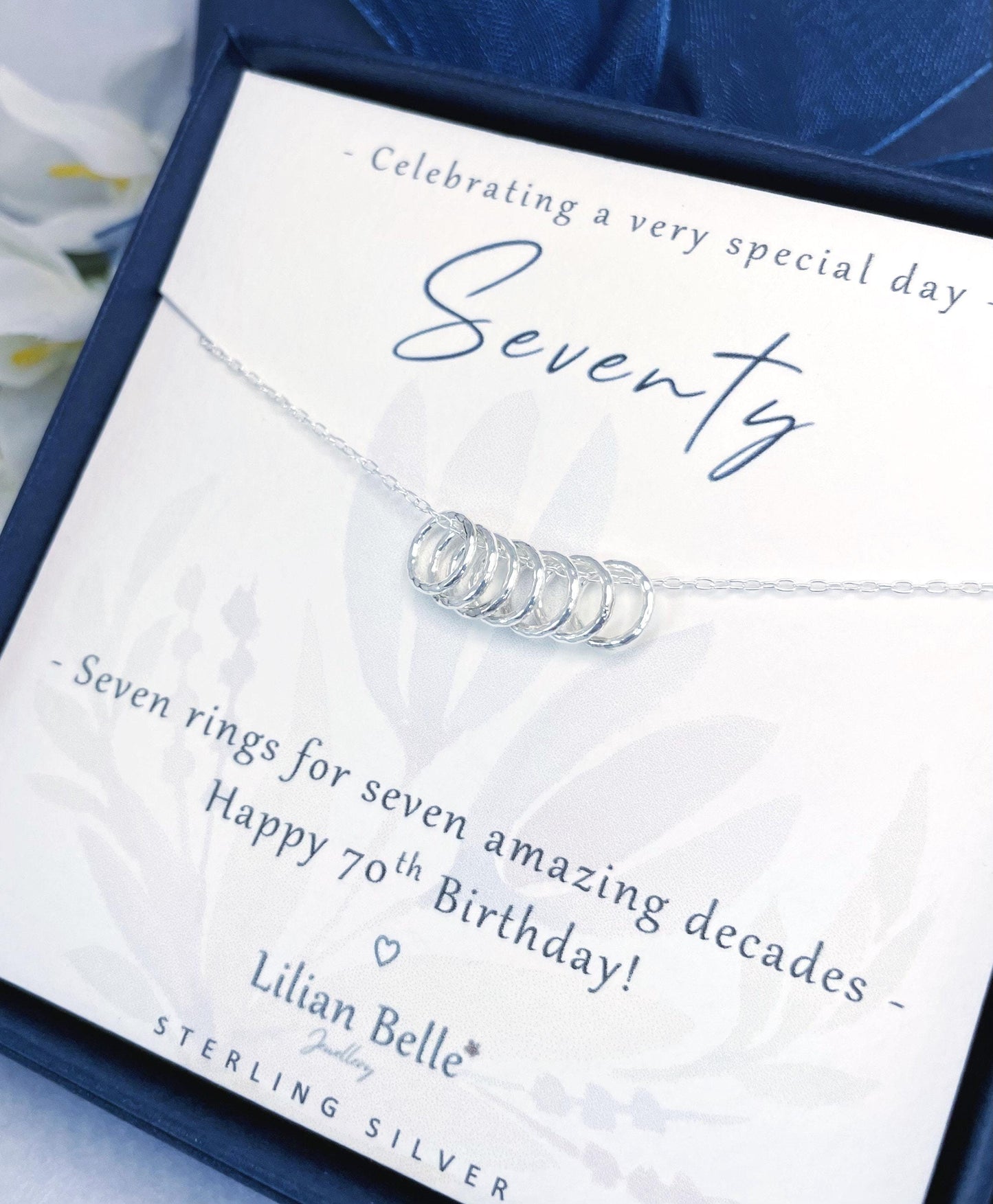 Sterling Silver 7 rings 7 decades 70th necklace gift for women, 70th birthday gift for her, 70 birthday presents, 70 year old gift woman