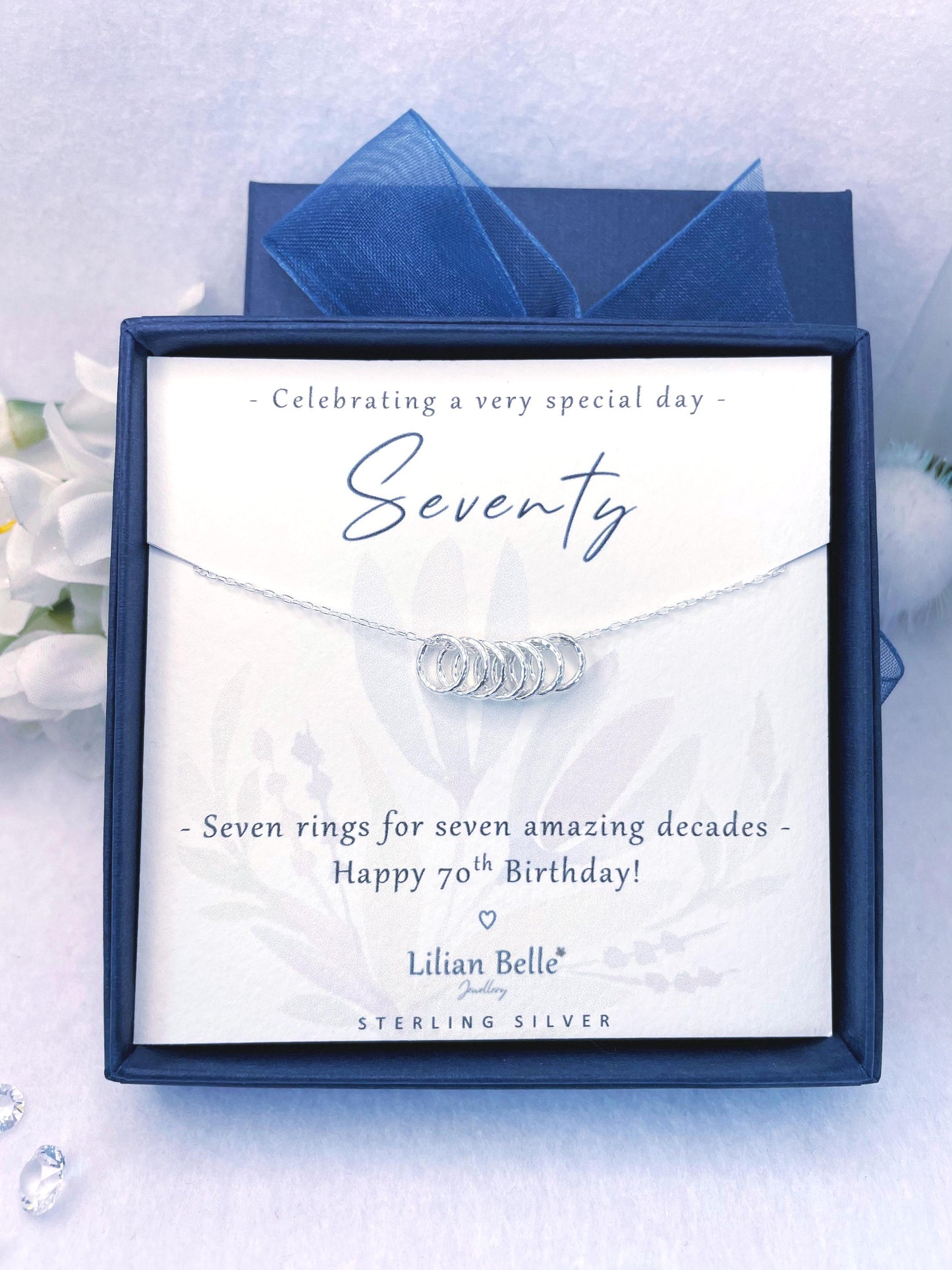Sterling Silver 7 rings 7 decades 70th necklace gift for women, 70th birthday gift for her, 70 birthday presents, 70 year old gift woman