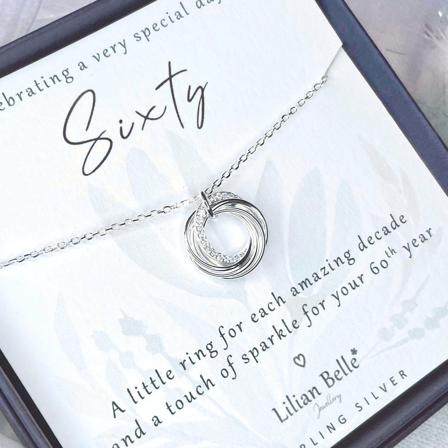 6 Rings 6 Decades Sterling Silver 60th Birthday Jewellery Necklace Gift for Women, 60th Birthday Jewelry Gifts for Her, 60th for Friend Mum