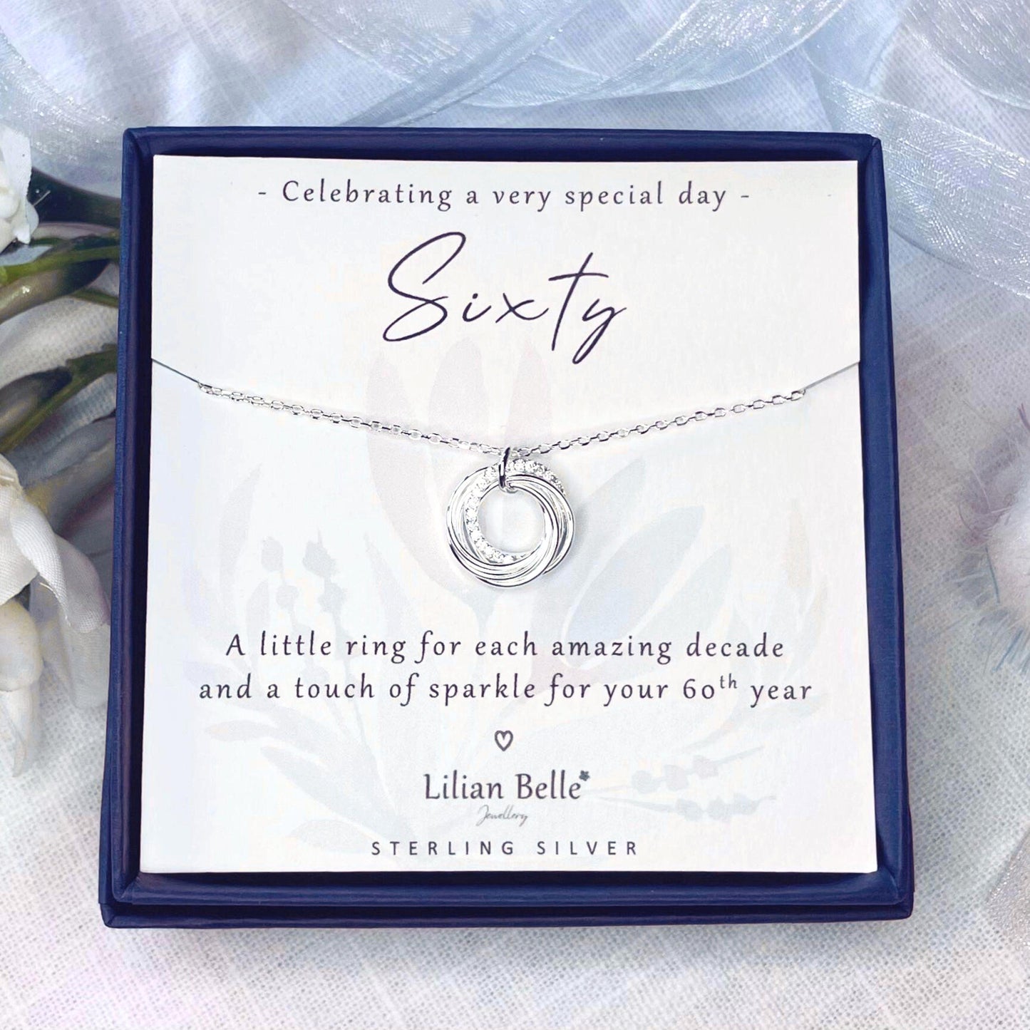 6 Rings 6 Decades Sterling Silver 60th Birthday Jewellery Necklace Gift for Women, 60 Birthday Jewelry Gifts for her, Sixty Gift