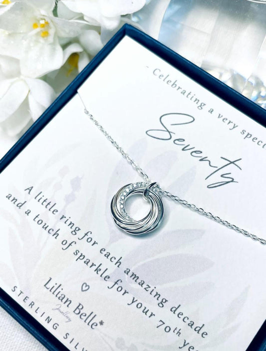 Sterling Silver 7 Rings for 7 Decades 70th Necklace gift for women, 70th birthday gift for her, 70th birthday Jewellery, 70th Gifts for Her