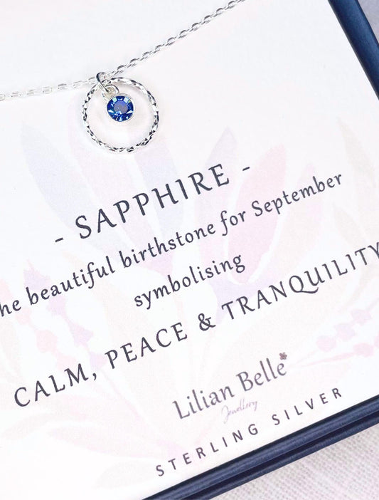 Sterling Silver Birthstone Necklace Gift, Etched Infinity Ring Pendant