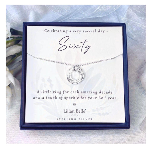 6 Rings 6 Decades Sterling Silver 60th Birthday Jewellery Necklace Gift for Women, 60th Birthday Jewelry Gifts for Her, 60th for Friend Mum