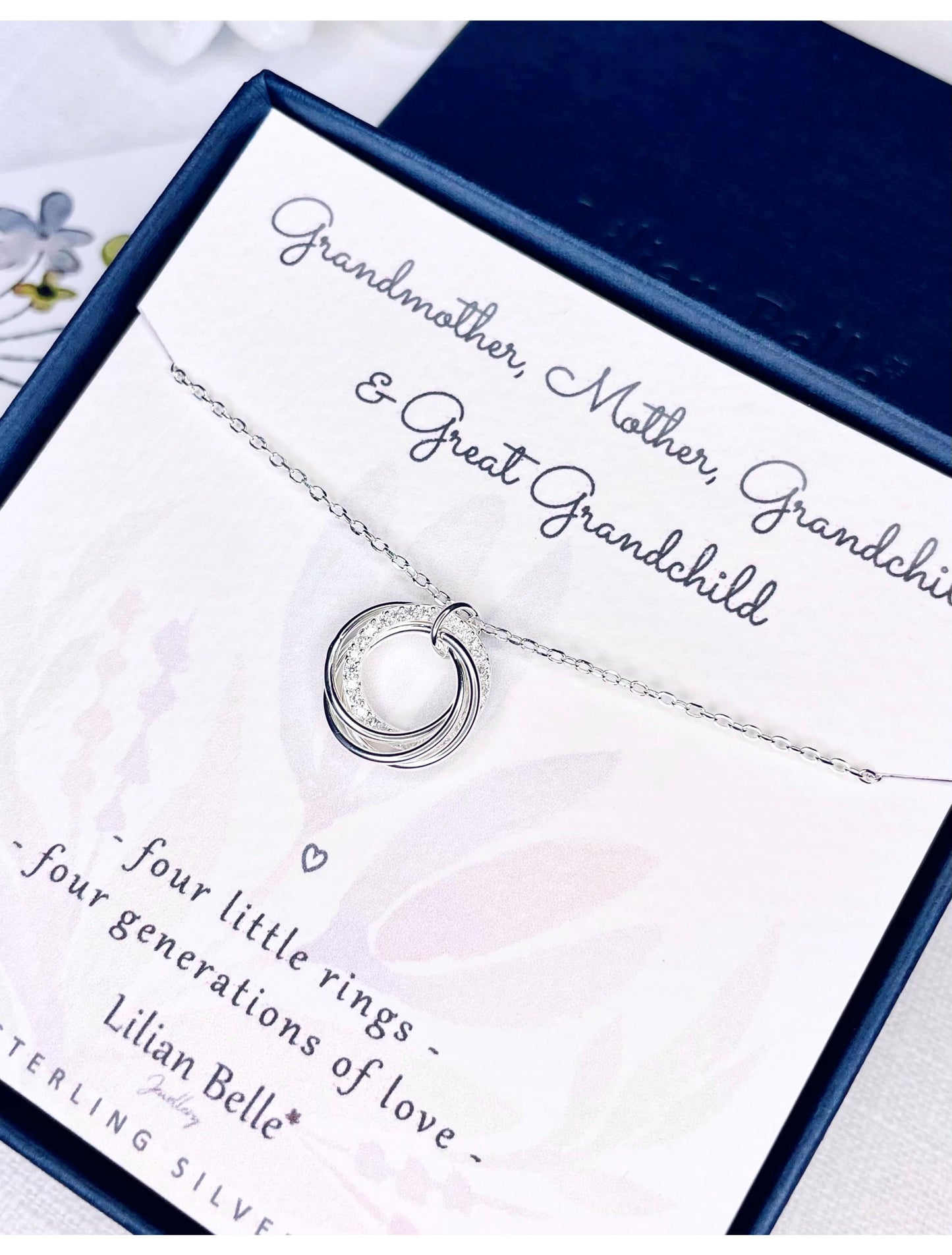 Sterling Silver Four 4 Generations Necklace Gift on Customisable Card