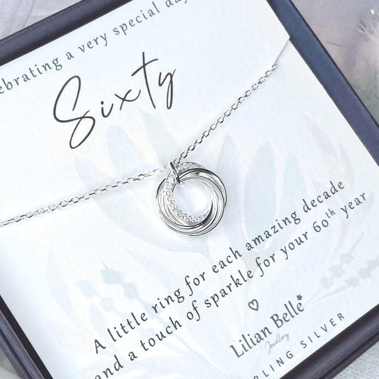 6 Rings 6 Decades Sterling Silver 60th Birthday Jewellery Necklace Gift for Women, 60 Birthday Jewelry Gifts for her, Sixty Gift